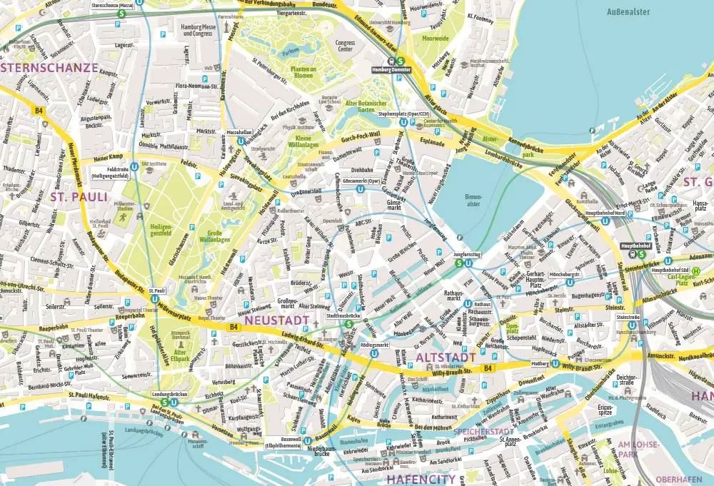 Stadtplan der Hamburger Innenstadt mit Sternschanze, St. Pauli, Neustadt und Altstadt